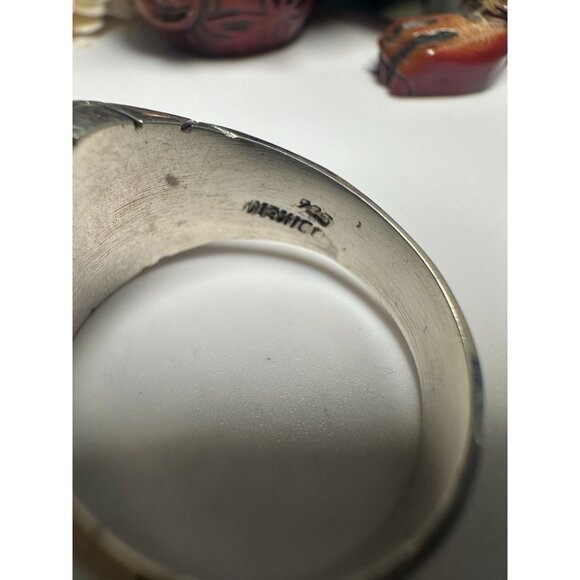 Sterling Silver Turquoise Stone Ring By Malesis Size 13 With Unique Grid Design - Picture 5 of 7